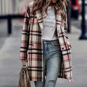 NO BRAND TAG Pink & Tan Long Flannel Shirt Jacket Size XL